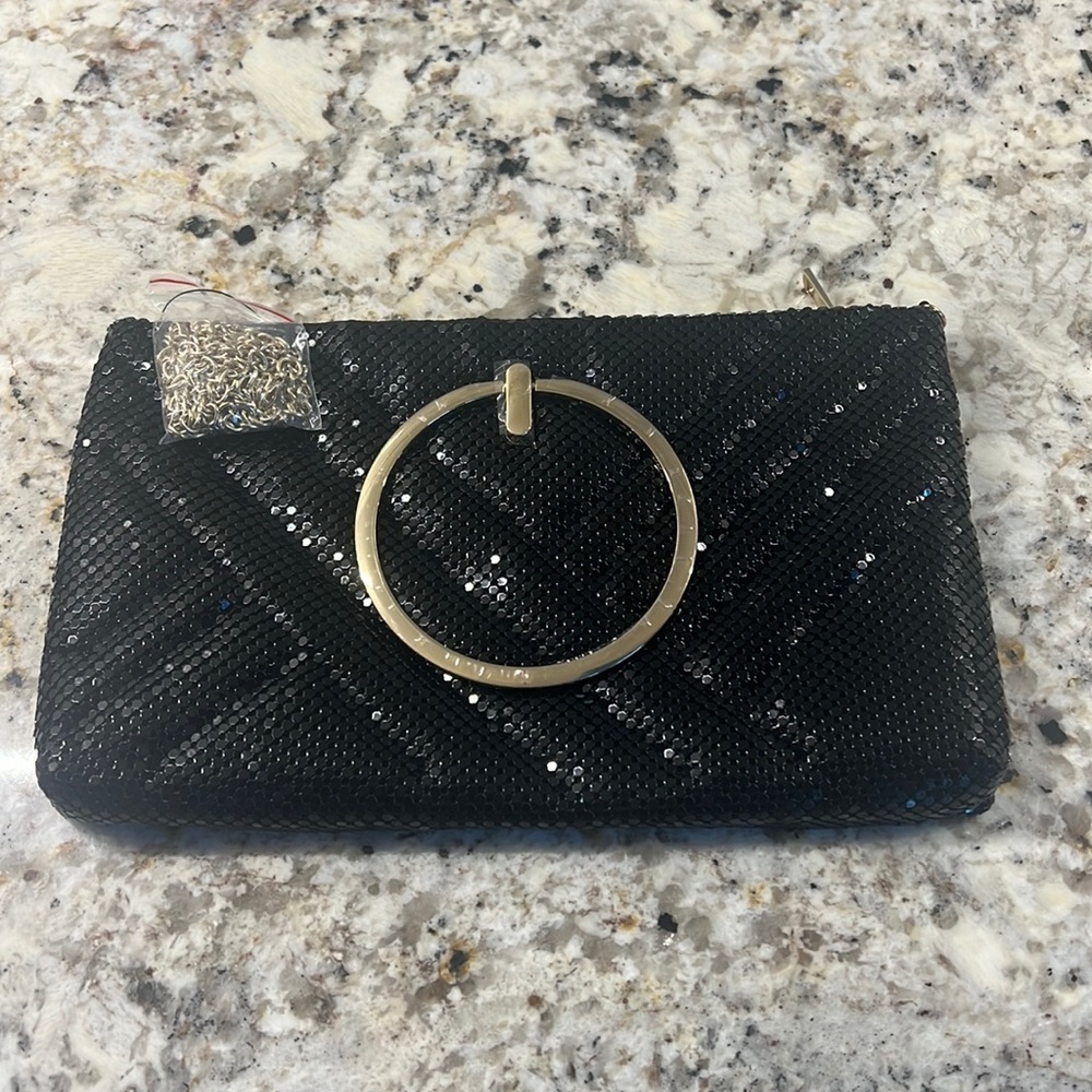 Landry black sequin with gold ring handle evening clutch